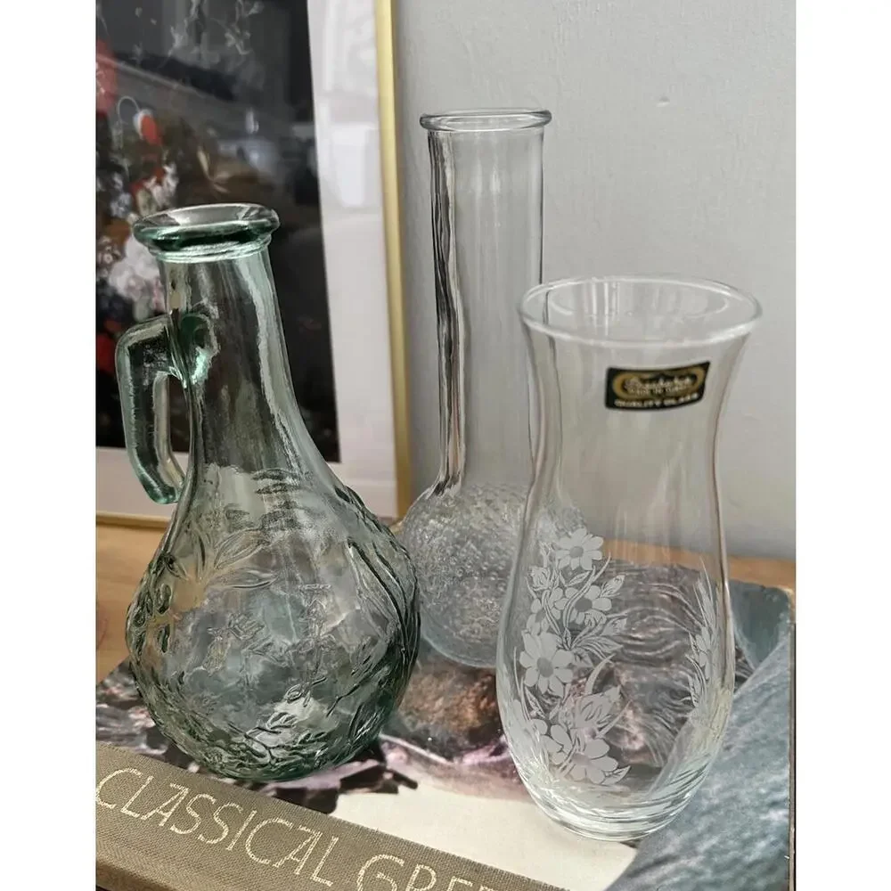 Set Of Three Vintage Green And Clear Glass Vases With Floral And Hobnail Designs